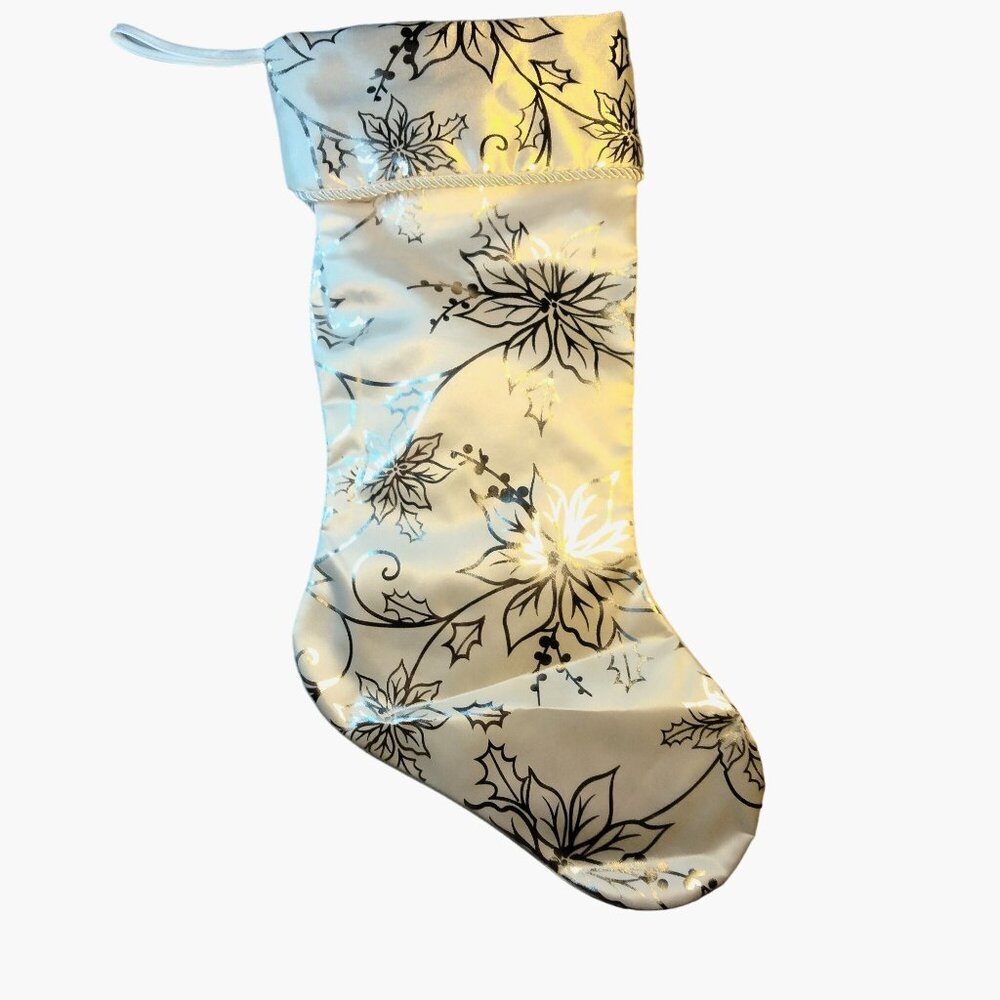 Elegant White Satin Christmas Stocking Silver Poinsettia Floral Design